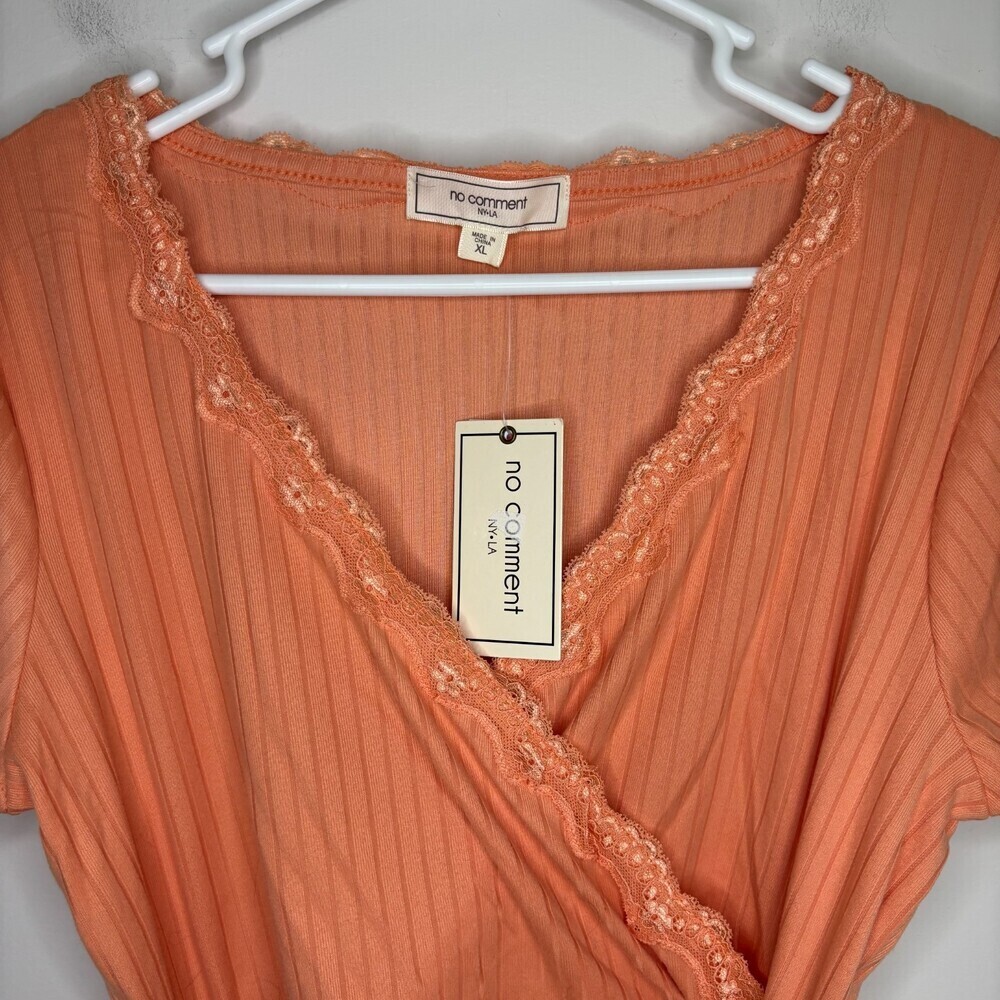 NO COMMENT NEW Knit Ribbed V-Neck Top Womens XL Lace Orange Tie Cropped Short Sl - Picture 5 of 8